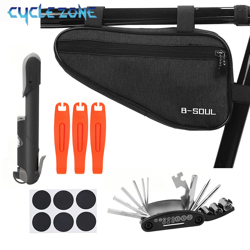 Cycling Gear Organizer - 自転車修理キット 自転車チューブバッグ ミニポンプ付き 16-in-1マルチツール タイヤレバー パッチ